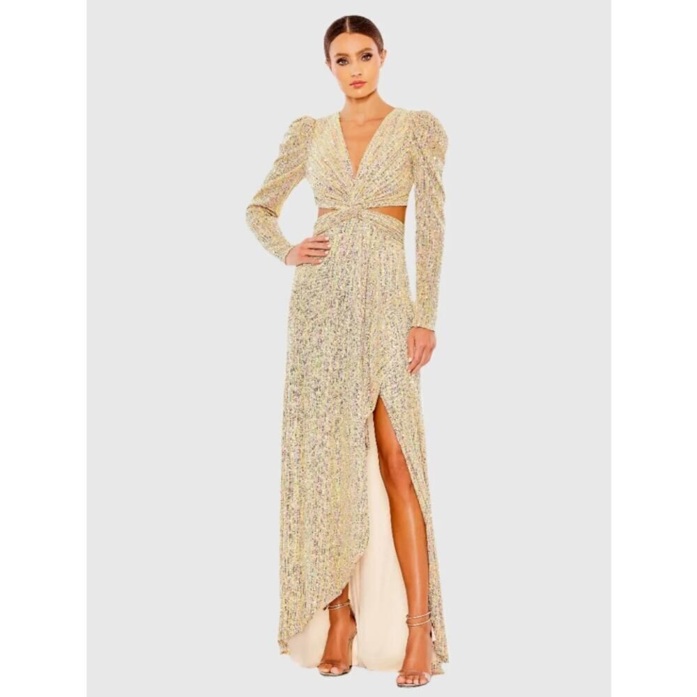 Ieena for Mac Duggal Gold Metallic Puff Sleeve Cut Out Gown - Size 6 - NWT